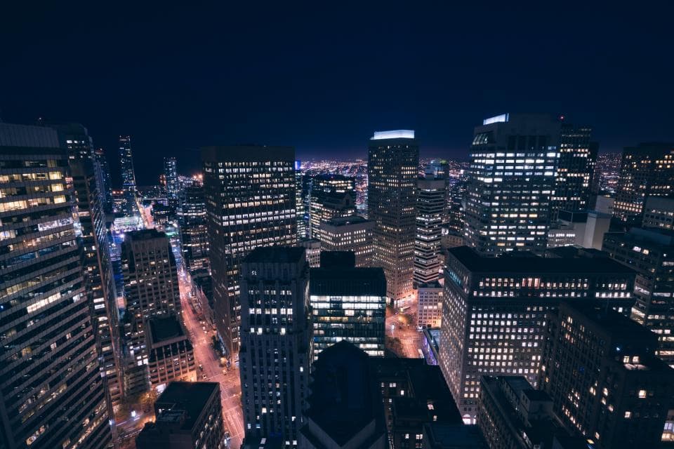 A city skyline at night
