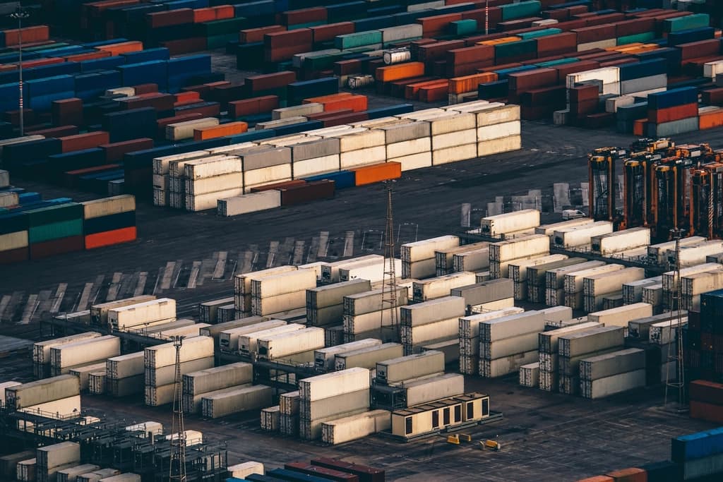 Stacked shipping containers at a port terminal